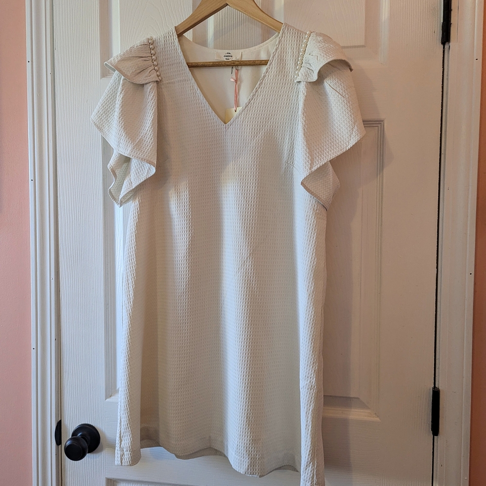 Entro Adele Pearl Shoulder Dress with Ruffled Sleeves- Cream Colored (Small)